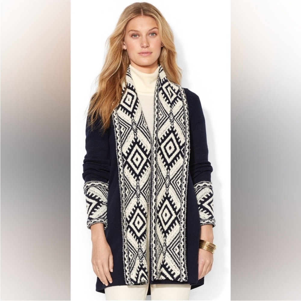 Lauren Ralph Lauren Open Front Cardigan w/Tribal Print Pattern Accent